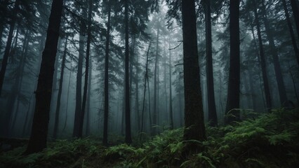 Gloomy spooky forest trees landscape with dark foggy light