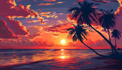 Obraz premium Tropical Beach Sunset with Palm Trees Design