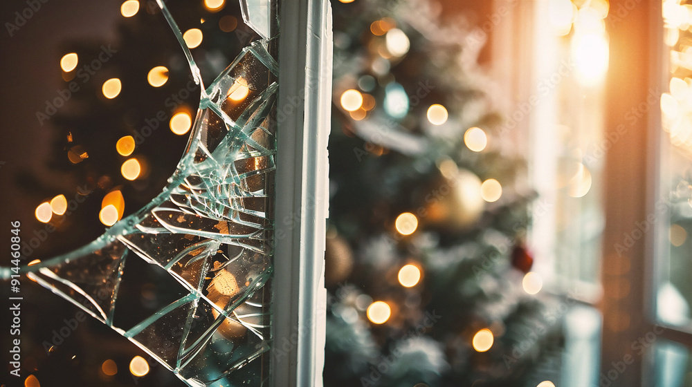 Wall mural window with christmas tree and lights bokeh background
