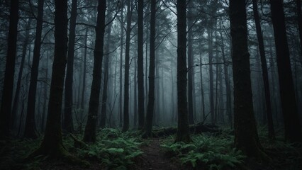 Gloomy spooky forest trees landscape with dark foggy light