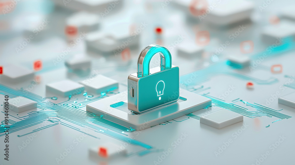 Poster a digital lock symbolizing security over a circuit board, representing technology and protection in 