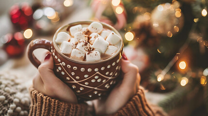 Female hands holding cup of hot chocolate with marshmallows on background of Christmas tree and lights