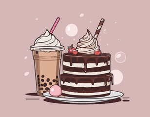 Hand Drawn Chocolate Cake and bubble Milk Tea illustration
