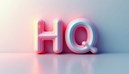 3D letters 'HQ' with neon lighting on a smooth reflective surface.