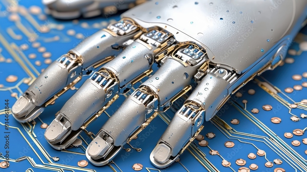 Poster close-up of a robotic hand on a circuit board, showcasing advanced technology and futuristic design 