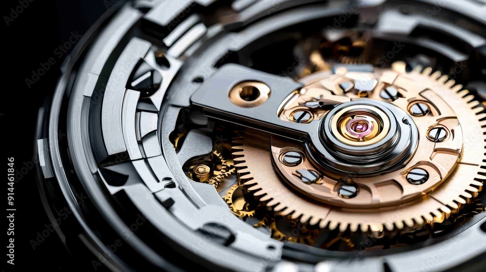 Poster close-up of a watch movement featuring intricate gears and mechanical components, showcasing precisi
