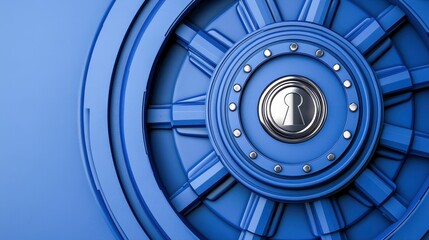 A close-up of a blue vault door, featuring a shiny lock mechanism and intricate design, symbolizing security and protection.