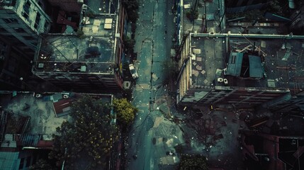 Top-Down Aerial Shot Looking Down at an Empty Apocalyptic City
