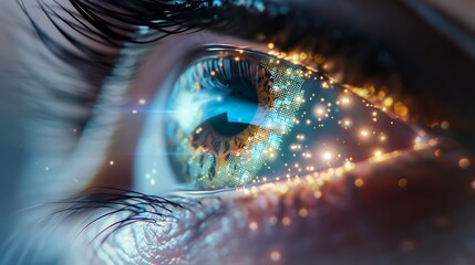 Closeup of a human eye with virtual hologram elements
