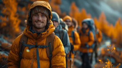 A man in a yellow jacket is smiling