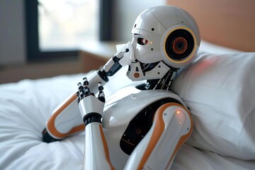 Close-up Of A Humanoid Robot Lying On Bed Blowing Its Nose With Tissue