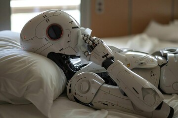 Close-up Of A Humanoid Robot Lying On Bed Blowing Its Nose With Tissue