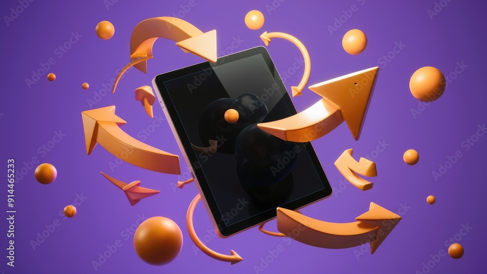 Aufkleber futuristic 3d rendering of a blank black tablet surrounded by floating arrows and spheres 3d illustr