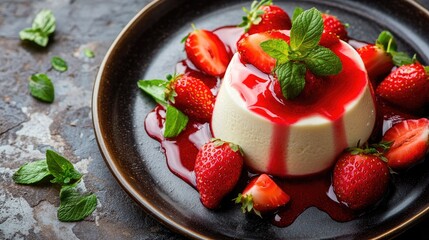 Italian panna cotta dessert with strawberries, creating a delicious and sophisticated visual perfect for a dessert background.