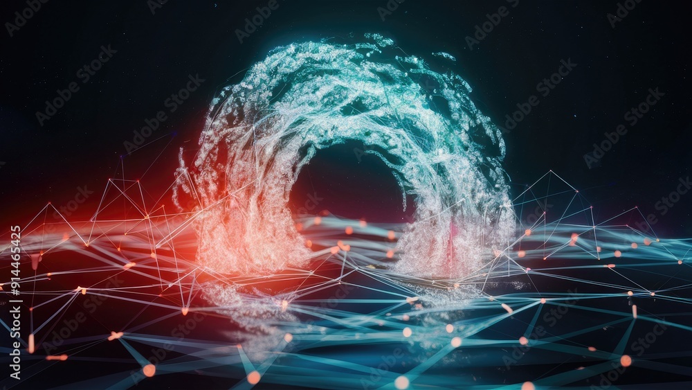 Poster glowing particle wave on dark background illustrating connectivity and technology concepts 3d render