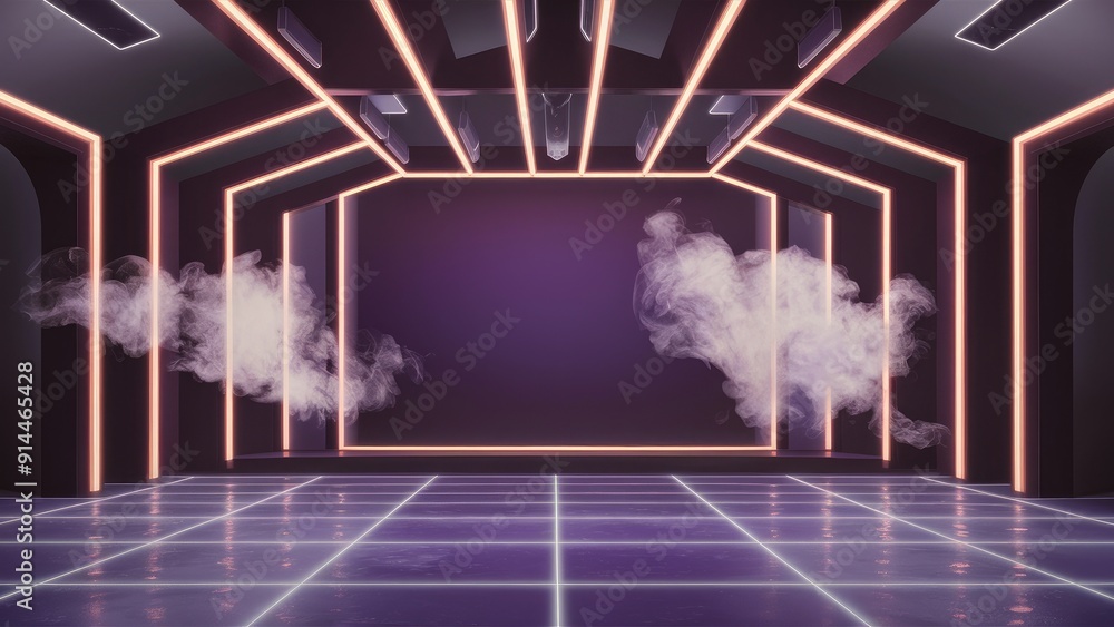 Poster empty stage with directional neon lighting and floating smoke on a transparent background ideal for 