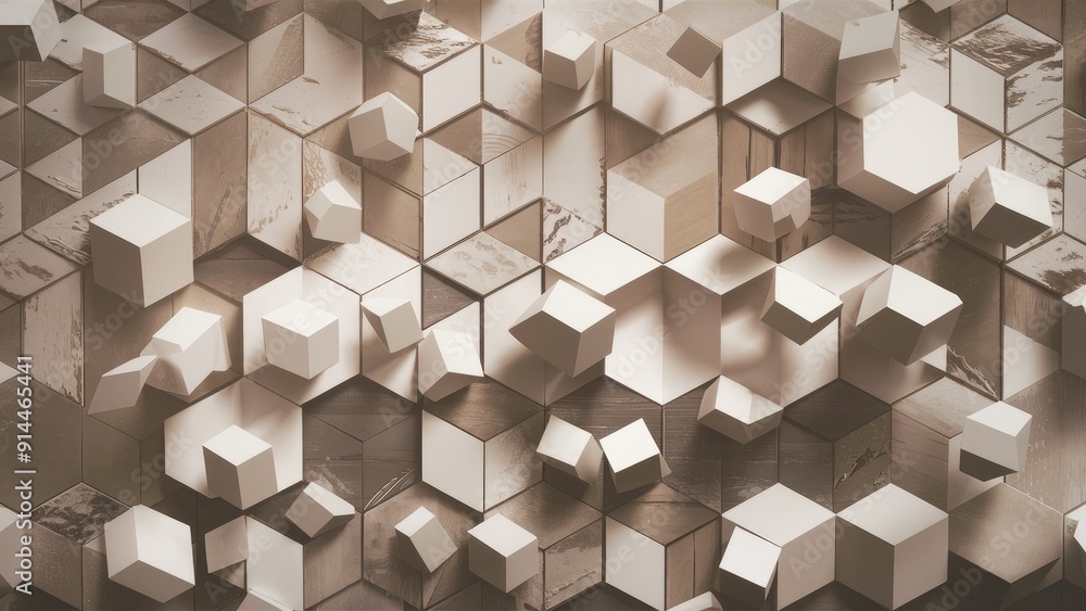 Poster geometric abstract cubes and hexagonal mosaic tile pattern in white and gray tones featuring a vinta