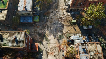 Fototapeta premium gaming layout: Top-down aerial Shot Looking Down at the Outdoor Isolated Yard in the Jungle 