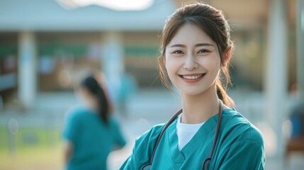 Fototapeta premium A woman in a green scrubs is smiling and posing for a picture
