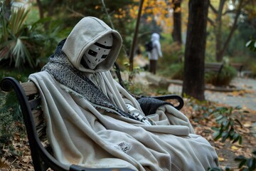 Humanoid Robot In Hood Sleeping On Bench With Blanket, robot, homeless, ai, artificial, poverty, intelligence, code, sleeping, tech, machine, sleep, technology, future, beggars, 4, 0, beggar