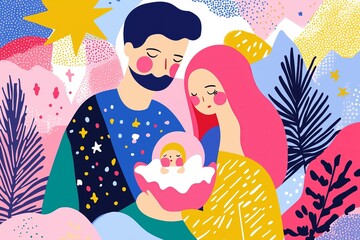 modern abstract illustration of Christmas nativity scene of baby Jesus with Mary and Joseph