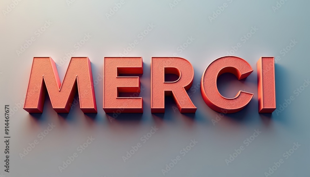 Poster 3D 'Merci' text in red with a soft, gradient background