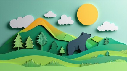 paper cut style illustration bear colorful 3d filed green hills whimsical clouds