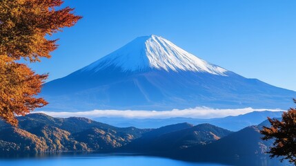 Fototapeta premium A mountain with snow on top and a blue sky in the background