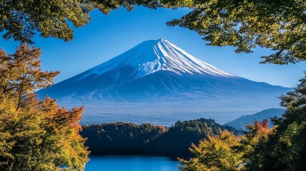 A mountain with snow on top and a blue sky in the background