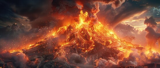 Fototapeta premium Molten lava spewing from a roaring shield volcano, fiery fury engulfing serene mountain, chaotic heat and smoke, dramatic and detailed