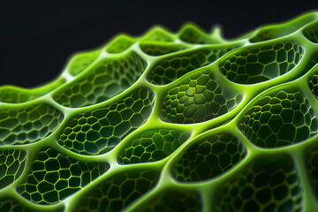 Green Cellular Abstract:  A mesmerizing macro view of a complex, organic cellular structure in vibrant green hues, with a dark background creating a dramatic and intriguing contrast.  Perfect for scie