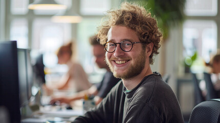 A cheerful apprentice collaborating with peers in a workplace, photorealistic image in cinematic style 