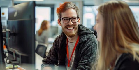 A cheerful apprentice collaborating with peers in a workplace, photorealistic image in cinematic style 