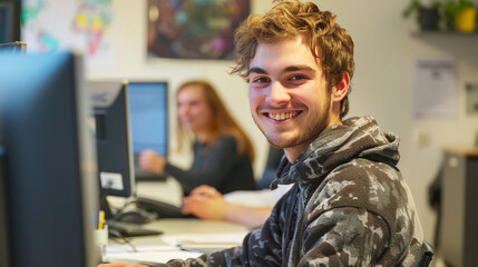 A cheerful apprentice collaborating with peers in a workplace, photorealistic image in cinematic style 