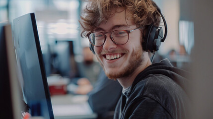 A cheerful apprentice collaborating with peers in a workplace, photorealistic image in cinematic style 