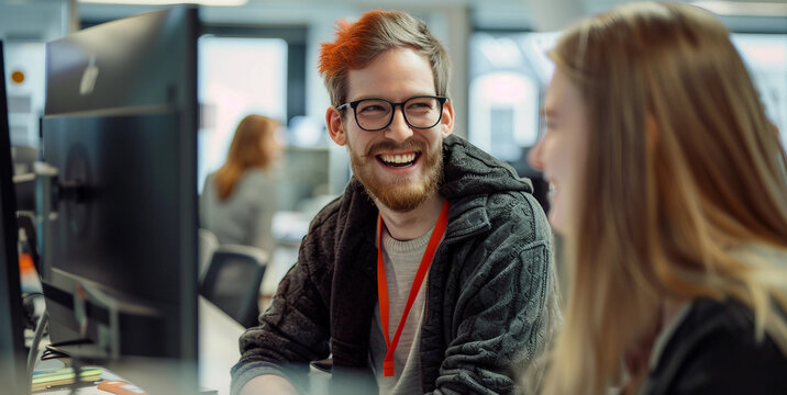A cheerful apprentice collaborating with peers in a workplace, photorealistic image in cinematic style 