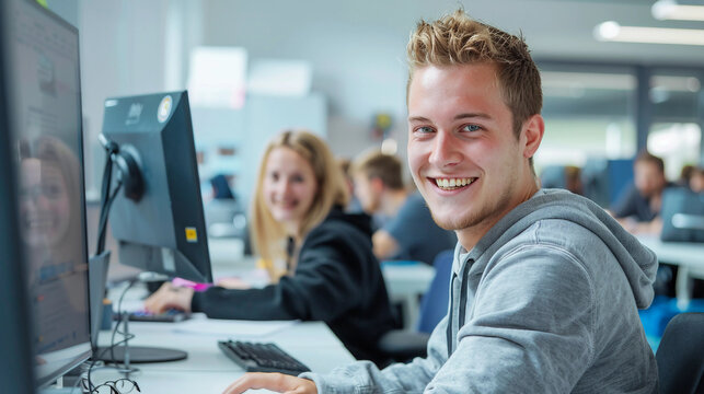 A cheerful apprentice collaborating with peers in a workplace, photorealistic image in cinematic style 