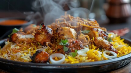 a steaming hot plate of Biryani with tender pieces of chicken, saffron rice, and fried onions.
