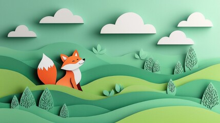 Naklejka premium paper cut style illustration fox colorful 3d filed green hills whimsical clouds