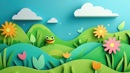 Obraz premium paper cut style illustration frog colorful 3d filed green hills whimsical clouds