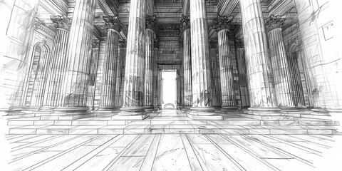  Detailed Black and White Sketch of a Law Court Building Exterior Captured in Raw Style with Full Court View and High Stylization