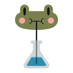 Cute frog drinks liquid from a laboratory test tube with a straw. Chemistry lessons at school. Scientific experiment and research. Vector illustration isolated on white, hand drawn, flat design