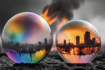 soap bubbles with burning city in the background, illustration