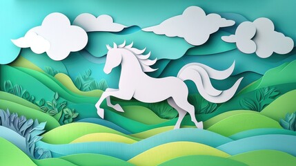 paper cut style illustration horse colorful 3d filed green hills whimsical clouds 