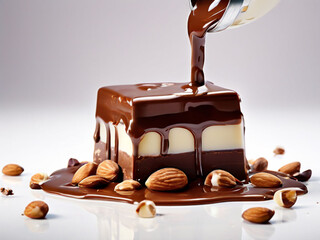 Spraying hot melted chocolate on solid pieces of dark chocolate