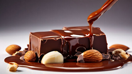 Spraying hot melted chocolate on solid pieces of chocolate