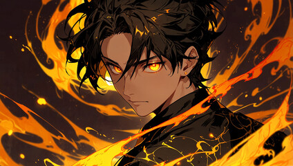 A young man with dark hair and golden eyes stands in front of a swirling orange and yellow fire.