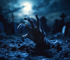 Zombie hand emerging from the ground, horror, resurrection, and the supernatural nightmare