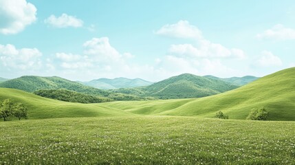 Serene countryside with rolling hills and a clear sky, providing a peaceful and picturesque background with ample copy space.