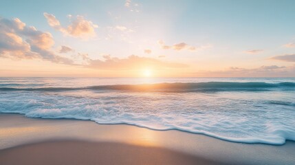 Fototapeta premium Serene sunrise over a quiet beach with gentle waves, capturing the beauty of the early morning light and ample copy space.